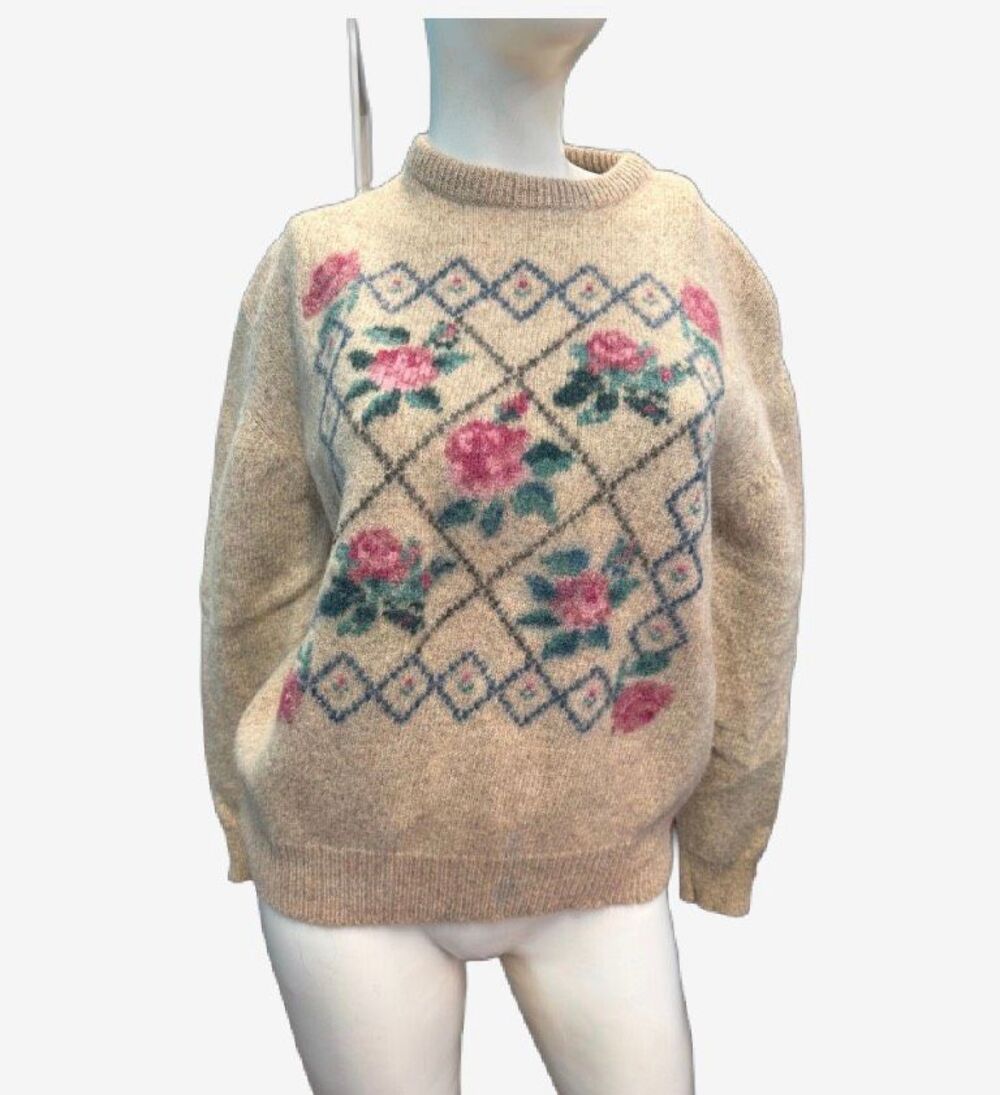 Eddie Bauer Tan Wool Blend Floral Vintage 80’s Sweater Women’s size large